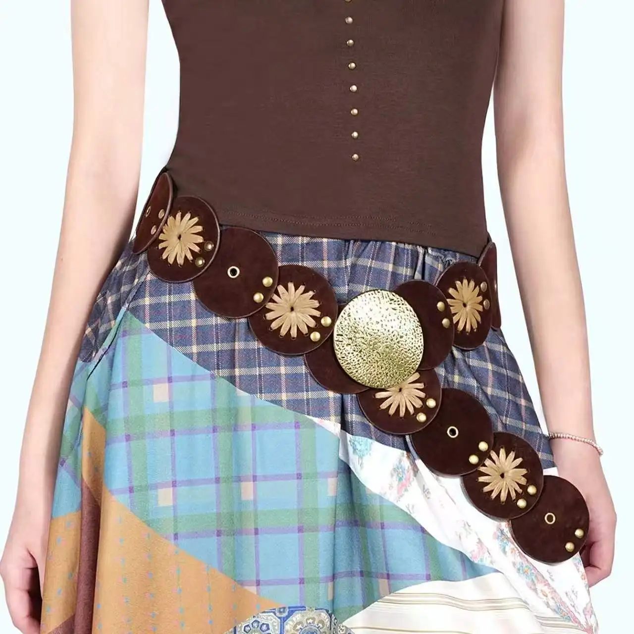 Women's Vintage Western-Style Metal-Spliced Eyelet Cutout Waist Belt Strap
