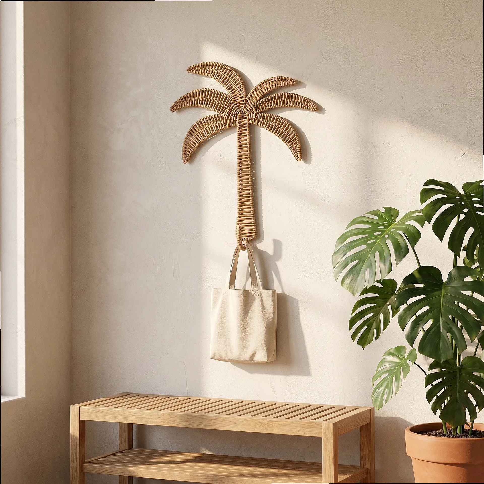 Handmade Rattan Woven Coconut Tree Shape Wall Shelf Home Desk Decor Key Hat Hook Rack