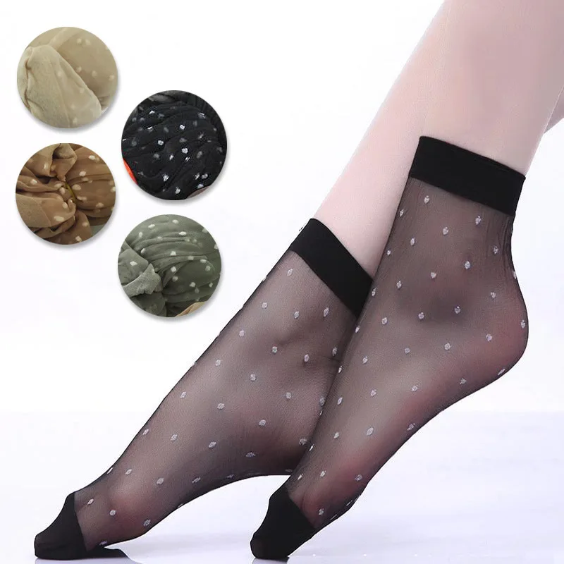 20Pcs=10Pair/Lot US$0.15Pair Hot Sale Cool Breathable Summer Style Sexy Black Skin Socks Pure Color Dots Women Girls Nylon Socks