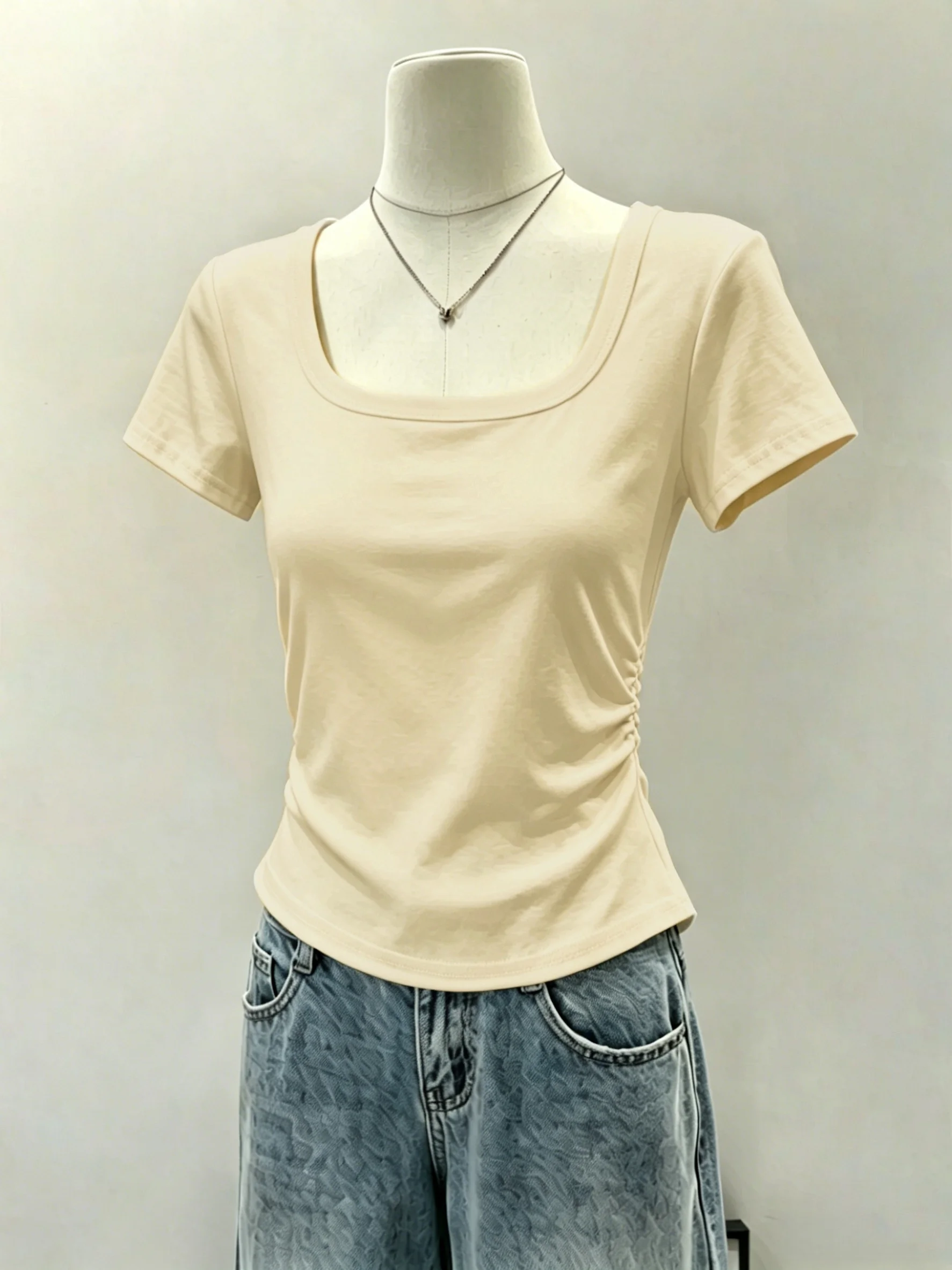 Summer Short Sleeve T-Shirt Women's plus Size Cotton 95% Elastic Fiber Square Collar Slim Fit Regular Shoulder Top