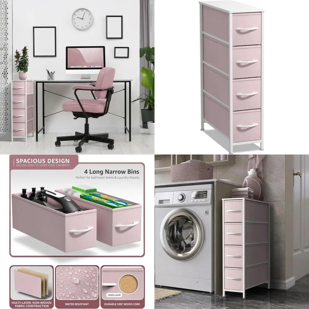 

Slim 4-Drawer Storage Chest with Fabric Bins for Small Spaces: Ideal for Closets, Bedrooms, Bathrooms & Laundries