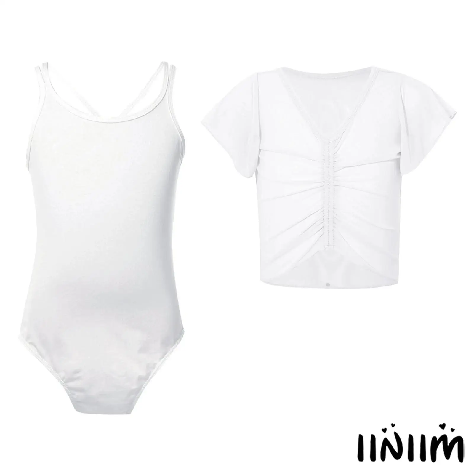 

Kids Girls ‌Ballet Dancewear Set Ruched Mesh Crop Top + V-Neck Spaghetti Strap Leotard Stage Performance Gymnastics Costume