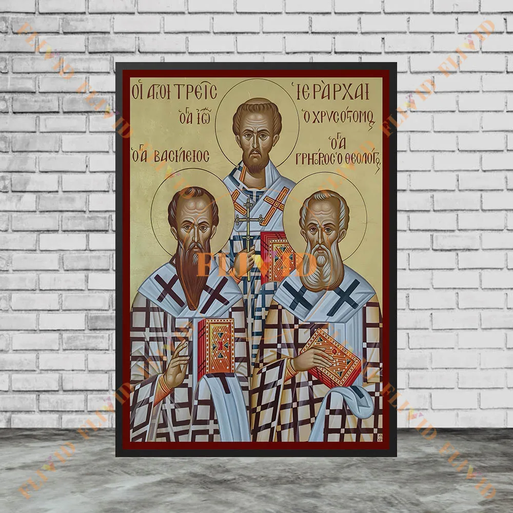 Saints Priscilla And Aquila Icon And Saint Three Hierarchs Vintage Wall Art Canvas Painting,Byzantine Art Poster Print