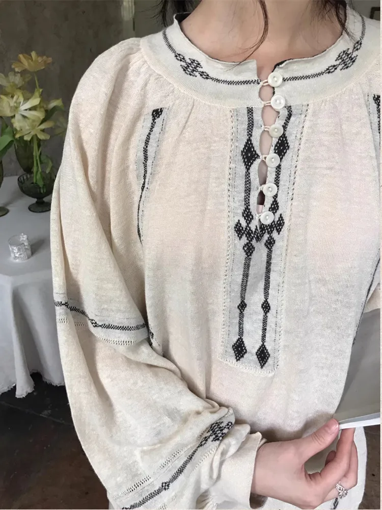 

122cmBust SpringSummer 100%Imported French Rain-Dew Linen Knitted Shirts Tops Women Elegant Oversized Long Sleeve Jacquard Shirt