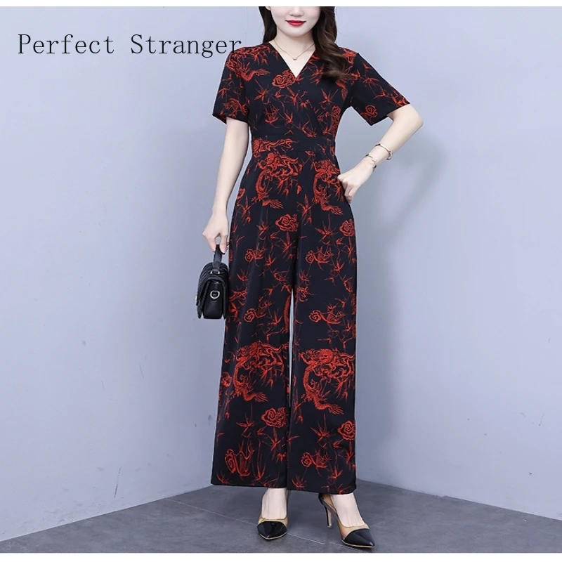 

Women Elegant for Party 2024 Print Jumpsuit Short Sleeve High Waisted Printed V Neck Long Rompers Office Overalls
