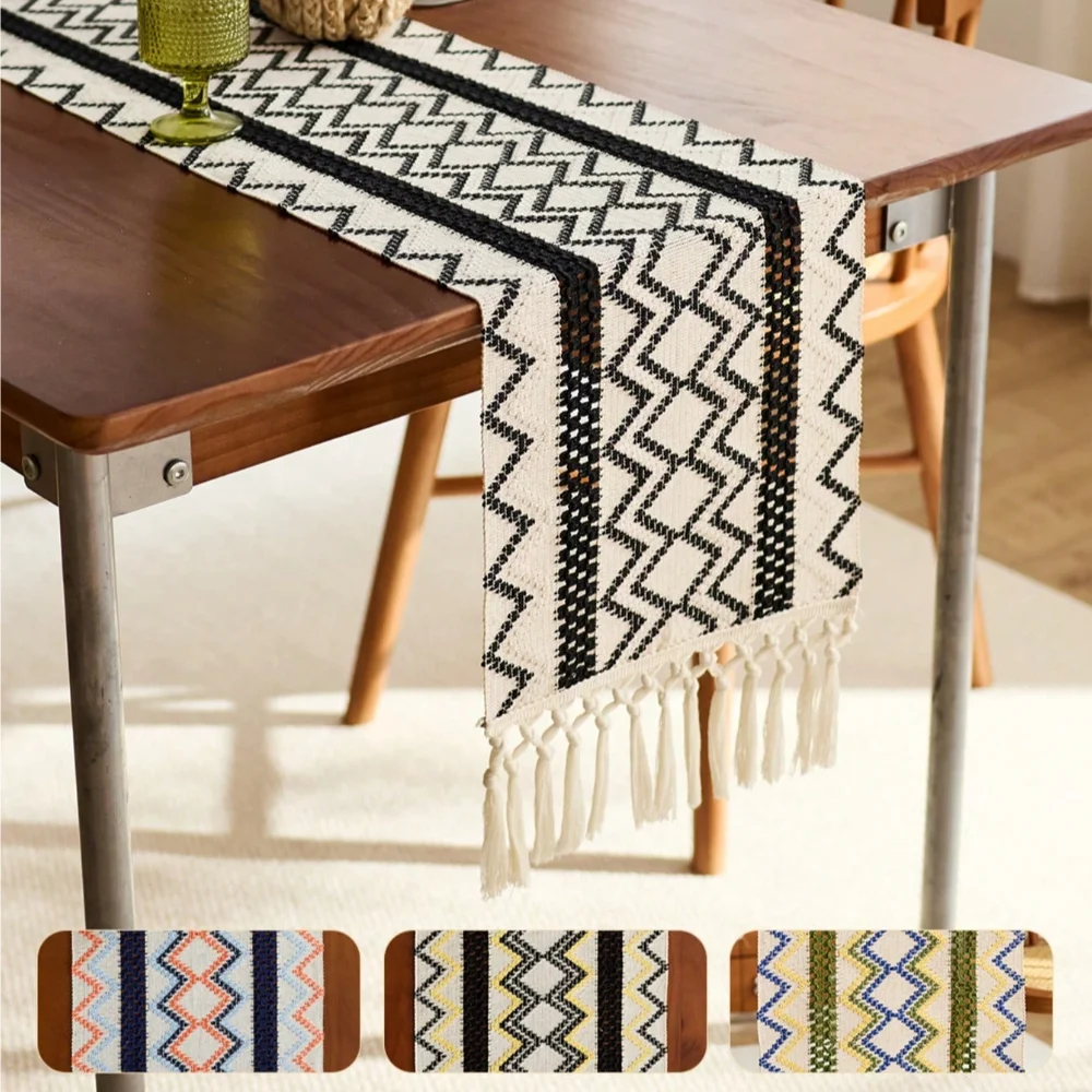 Bohemian Geometric Woven Table Runner with Fringe Pattern for Dining Table Decor，for Round Coffee Table and Kitchen Home Decor