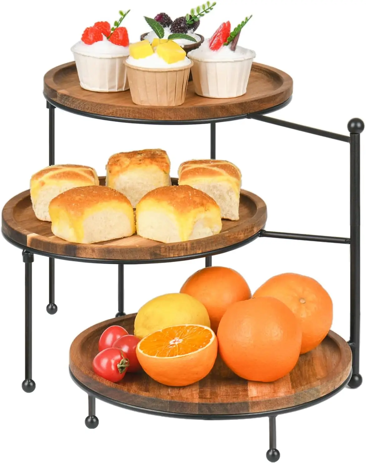 US 3 Tier Cupcake Stand - Wooden Display Stand for Desserts, Fruits, Nuts, Cheese - Removable Trays and Foldable Stand