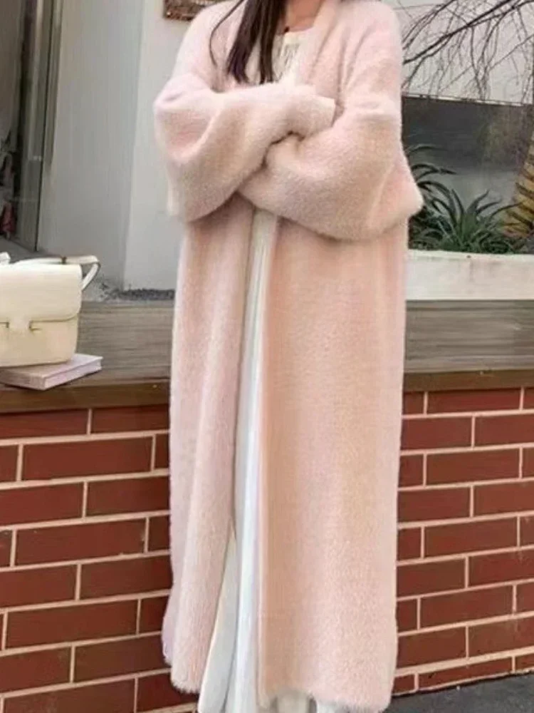 Elegante Vintage Gestrickte Mantel Winter Weiche Lose Jacke Koreanische Casual Herbst Winter Pelz Strickjacke Frauen Einfarbig Lange Pullover