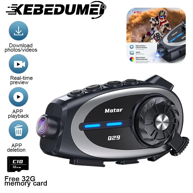 

Q29 Motorcycle Helmet Intercom Bluetooth Headsets Handsfree Communicator Dash Cam Video Record 1080P Interphone 2 Riders 500M