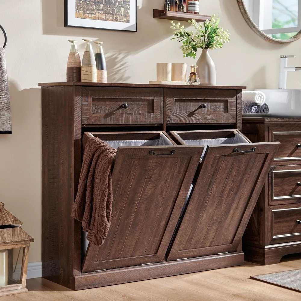 Double Tilt Out Laundry Hamper Cabinet Trash Cabinet Brown