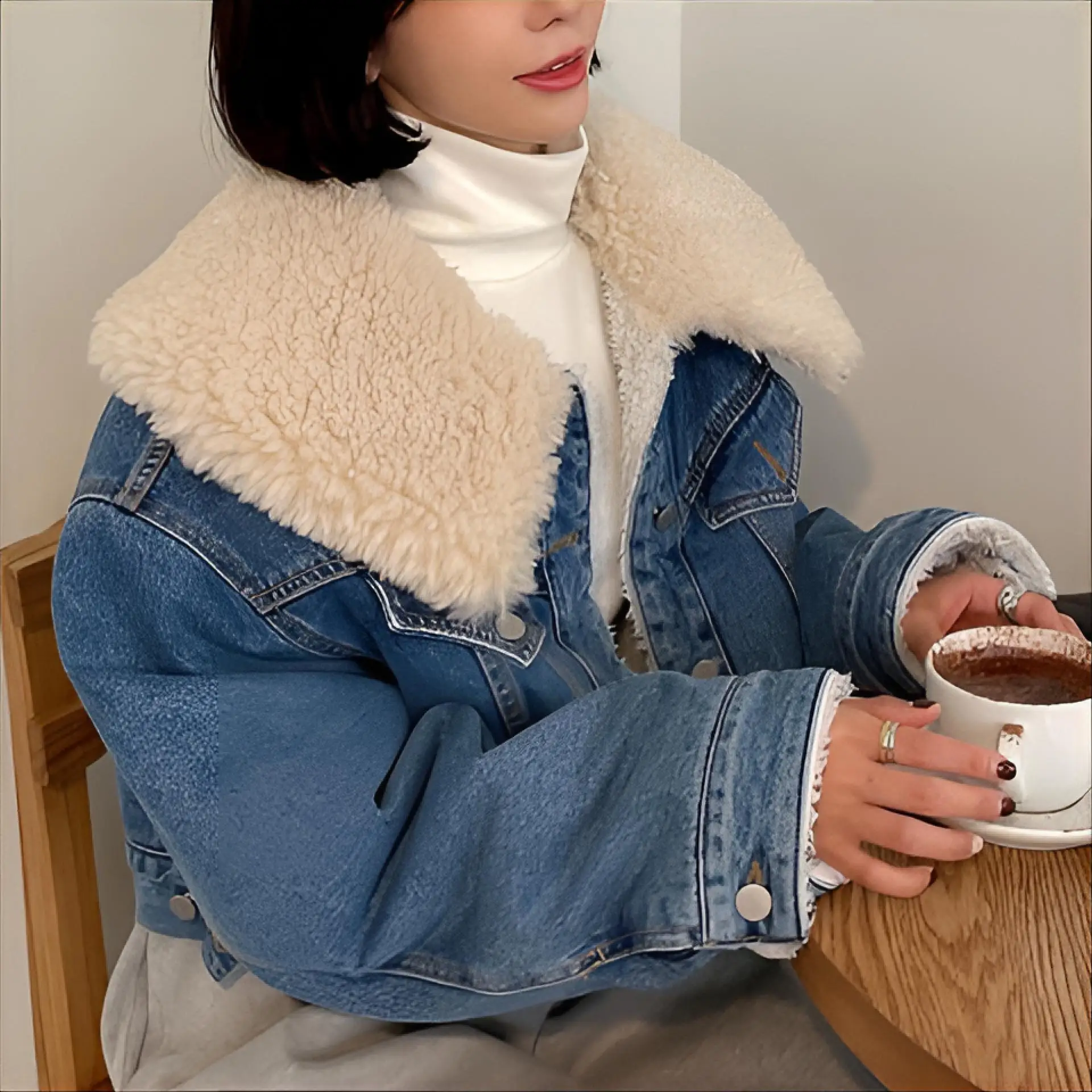 

Denim Coats For Woman Long Fur Plush Womens Winter Fitted Sweet Girl Urban Office Quick-Drying Plush-Lined Hooded Patchwork Chic