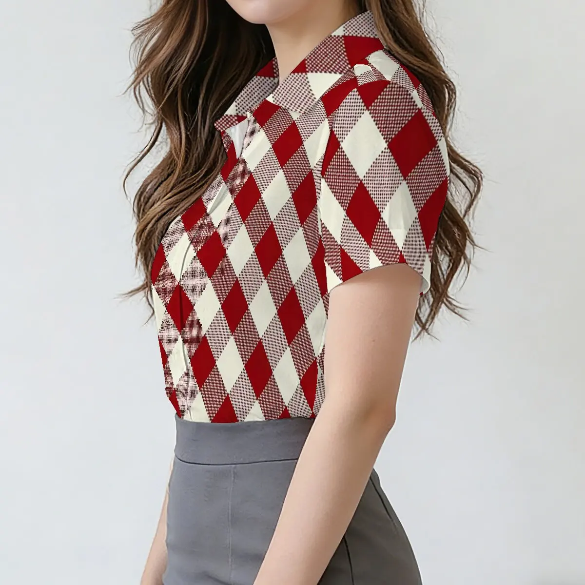 Summer Women's Short-Sleeve Shirt, Classic Retro Red-and-White Argyle Pattern Eye-Catching for Festive Occasions and Social Even