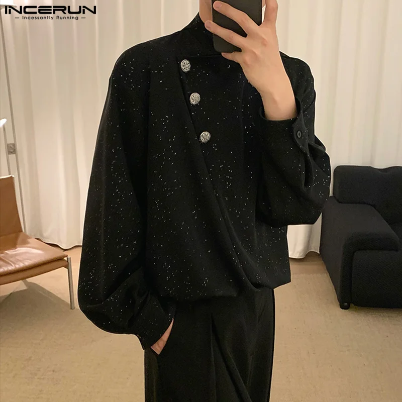 INCERUN Tops 2024 Korean Style Fashion Men Sparkling Pile Collar Slanted Placket Design Shirts Casual Long Sleeved Blouse S-5XL