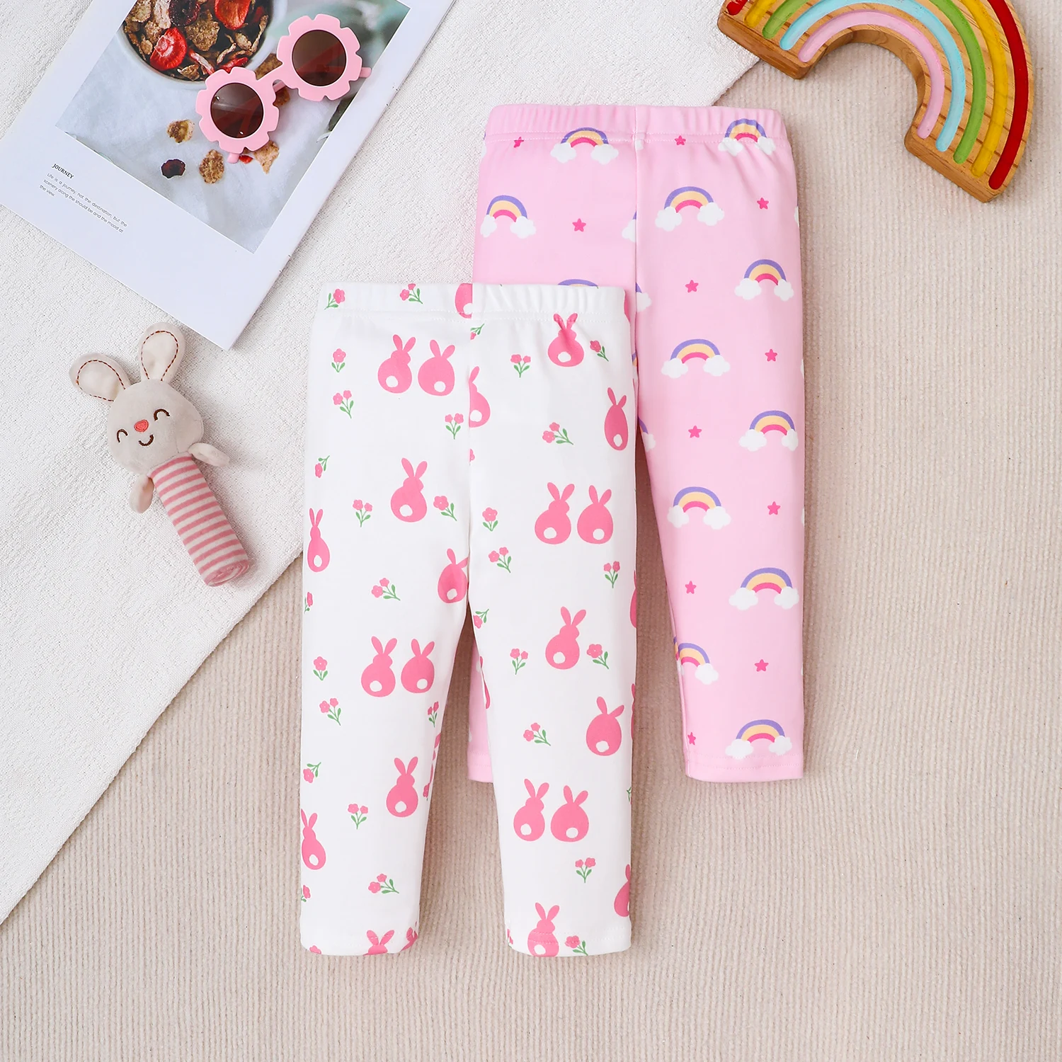 Infant Baby Girls Cute Bunny Rainbow Print Leggings Soft Cotton Elastic Waist Stretch Pants 2Pcs All Seasons