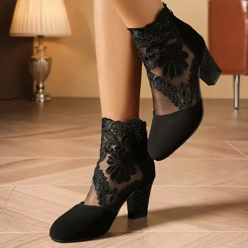 2025 Women Summer Boots High Heels Round Toe Ankle Boots Women Trend Plus Size Shoes Ladies Lace Outdoor Fashion Boots Female