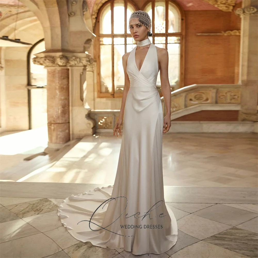 

QICHE свадебное платье русалки с глубоким v-образным вырезом, женское 2026, плиссированное без рукавов с лямкой на шее и открытой спиной, элегантное свадебное платье со шлейфом по индивидуальному заказу