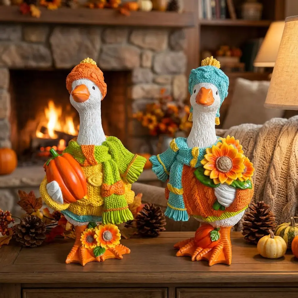 Rustic Style Autumn Pumpkin Duck Ornament Colorful Harvest Theme Resin Duck Statue Unique Duck Figurine Garden Decor
