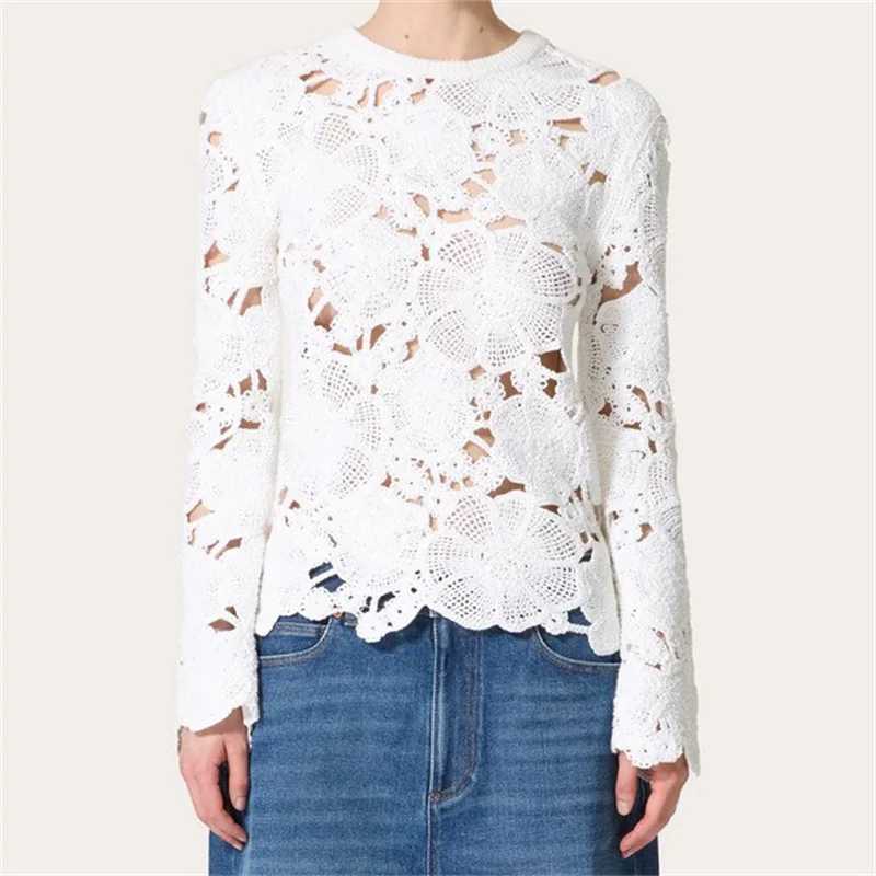 

Women's sweater 2024 autumn Flower embroidery round neck pullover Elastic knitted hollow out Long sleeved Top 100% wool knitwear