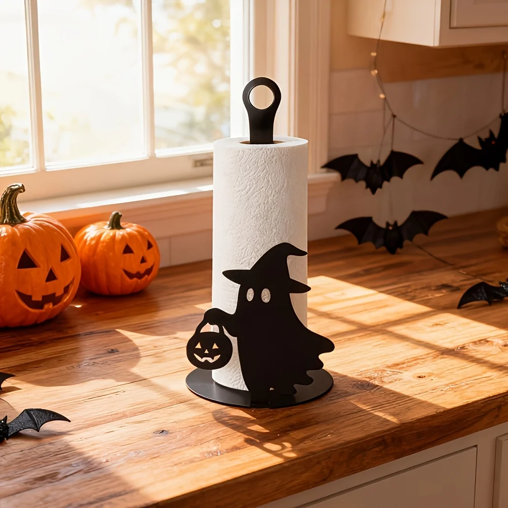 2/1 Piece Set 2D Flat Halloween Ghost and Pumpkin Freestanding Kitchen Paper Towel Holder, Black Plastic Roll Paper Holder, Countertop Paper Towel Dispenser, Suitable for Kitchen, Practical Gift for Mom, Halloween and