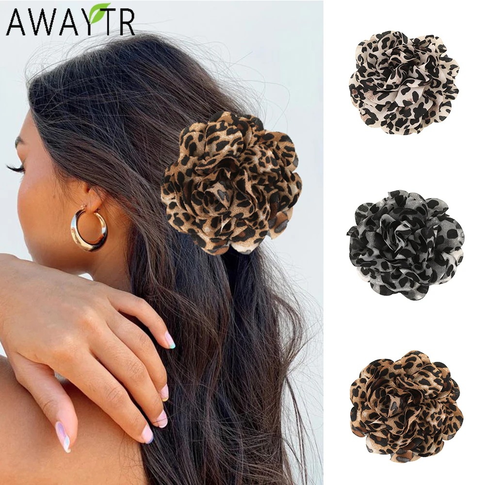 AWAYTR Leopard Pattern Flower Hair Claws Fabric Floral Hair Clips Crab For Women Girl Gift Hair Accessories Valentine Headwear