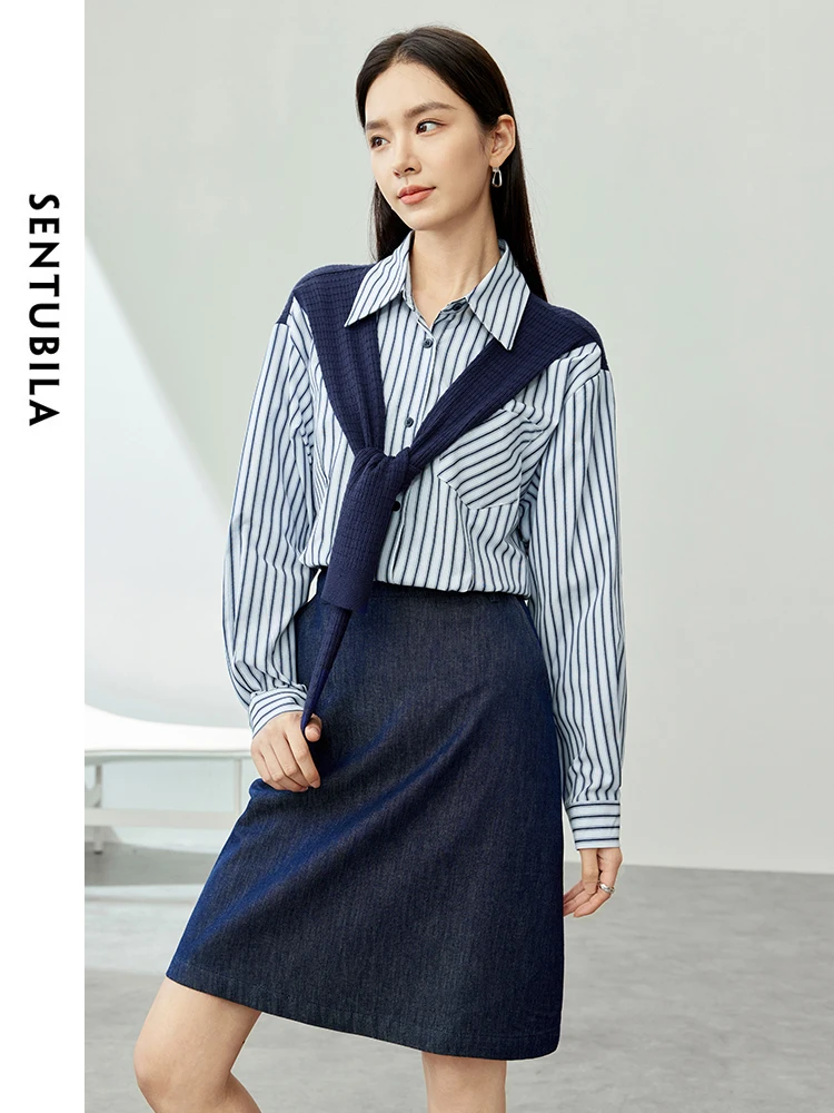 

SENTUBILA 2 in 1 Striped Shirts Blouses Women 2024 Spring Autumn Fashion Contrast Knit Shawl Drop Long Sleeve Tops 141C53360