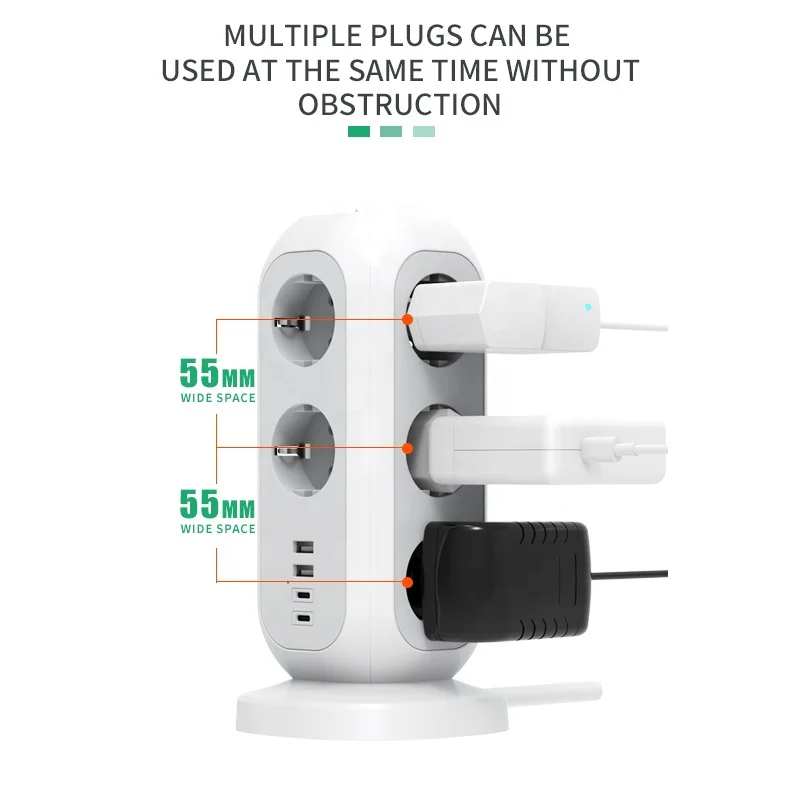 Electric Multi Plug Tower Power Strip Eu Extension Board Cable Socket with 2m Length