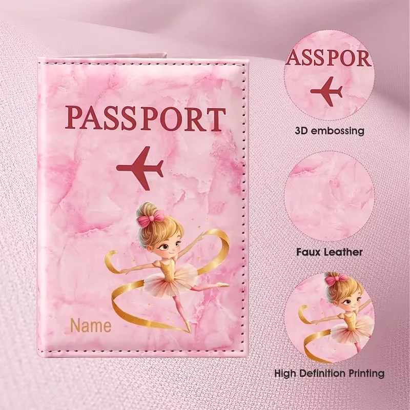 Personalized Custom Name Elegant Ballerina Illustration Design PU Passport Holder, Featuring Golden Ribbon And Pink Tutu Element