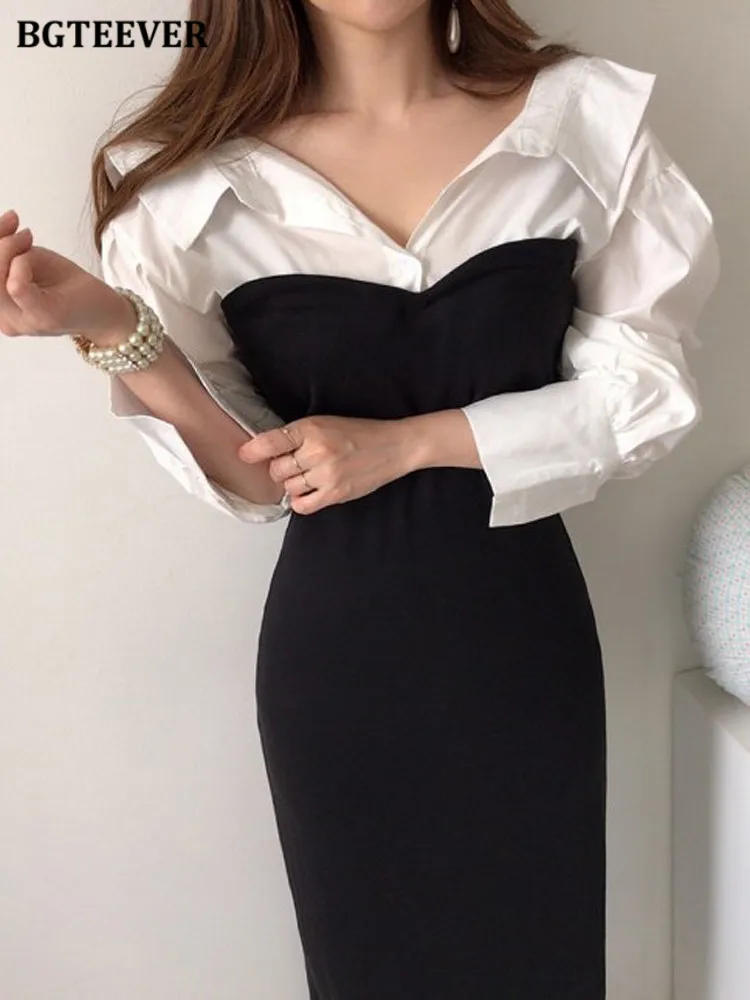 BGTEEVER Fashion Patchwork Lapel Female Package Hip Dress Spring Full Sleeve Ladies Vestidos Elegant Slim Bodycon Dress Women