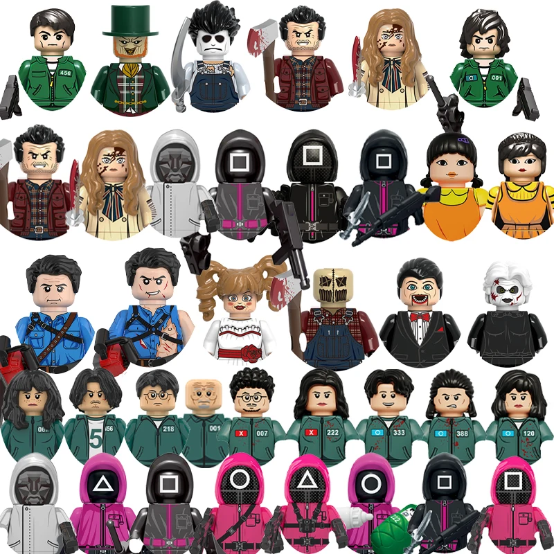 

2025 The Wooden Man Halloween Themed Toys Annabelle Game Bricks For Mini Action Figures Children Building Block Party Toys Gifts