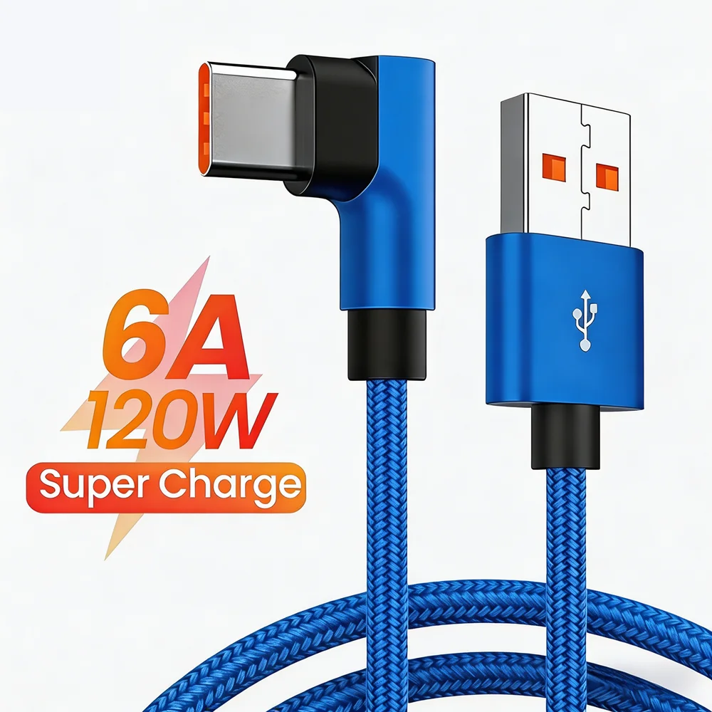 90° Elbow Type C USB 120W Fast Charging Cable For iPhone 15 16 17 Pro Xiaomi Redmi Huawei Honor Nylon Braided Quick Charge Cable
