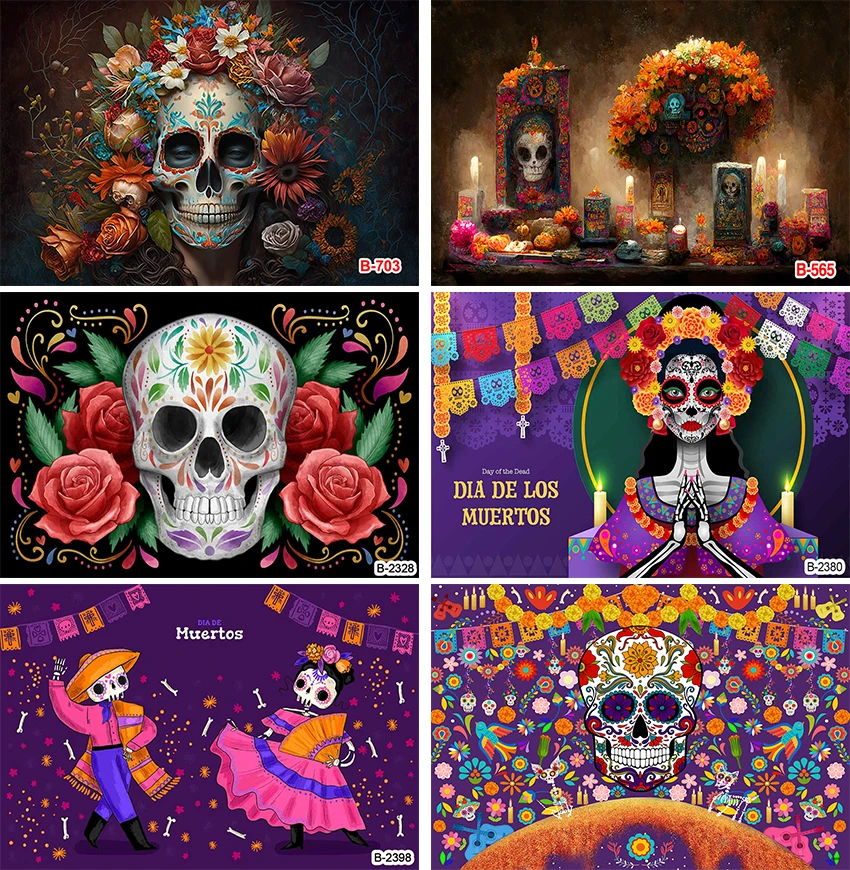 

Day of The Dead Backdrop for Mexican Fiesta Sugar Skull Photography Background Dia DE Los Muertos Dress-up Birthday Party Fiesta