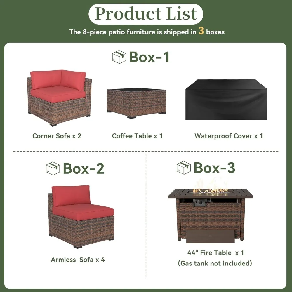 8-Piece Outdoor Patio Furniture Set with 44 Fire Pit Table, Wicker Rattan Sectional Sofa, and Coffee Table