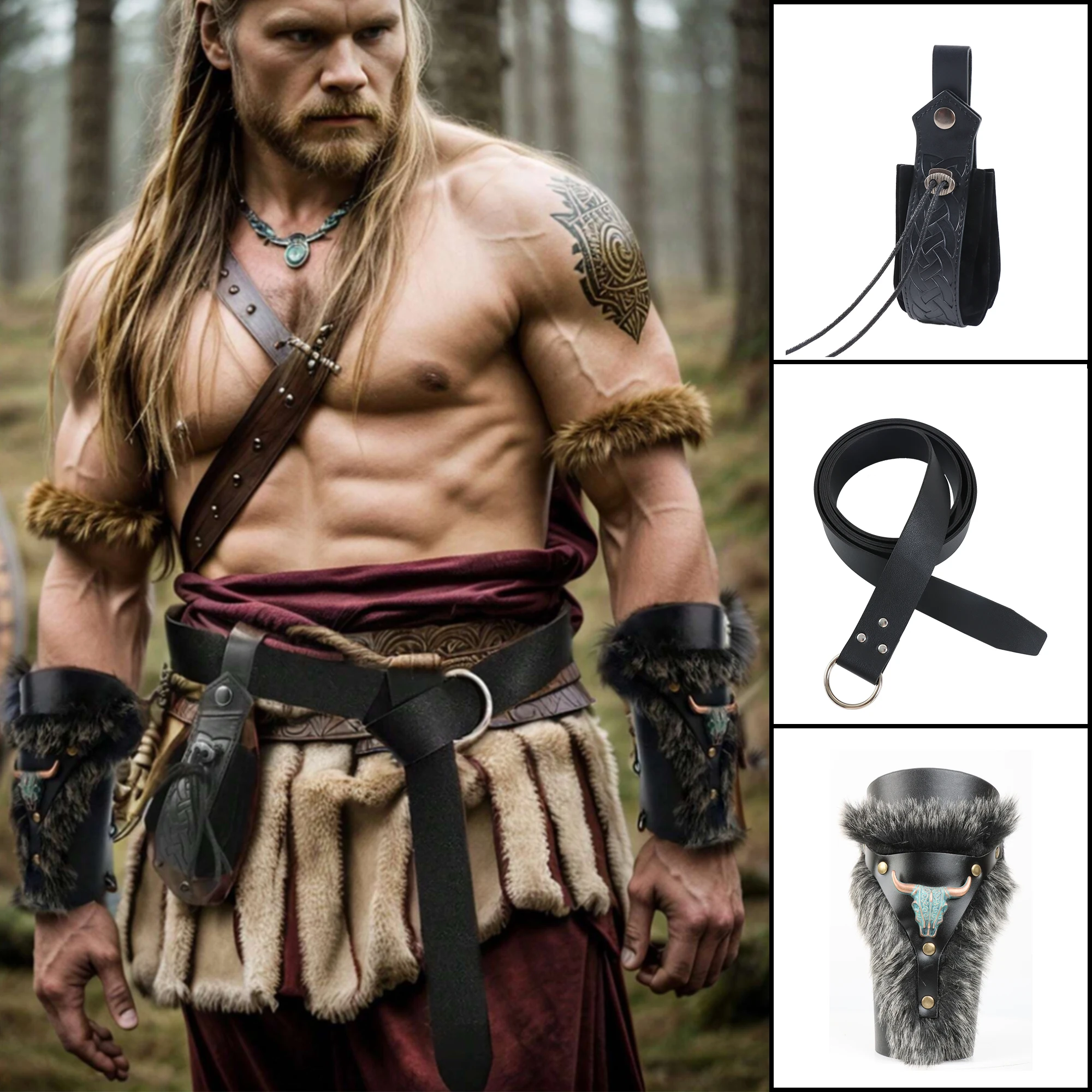 Medieval Berserker Faux Leather Wristband Plain Belt Set Accessories Halloween Costume Accessories Vintage Waist Bag Accessories