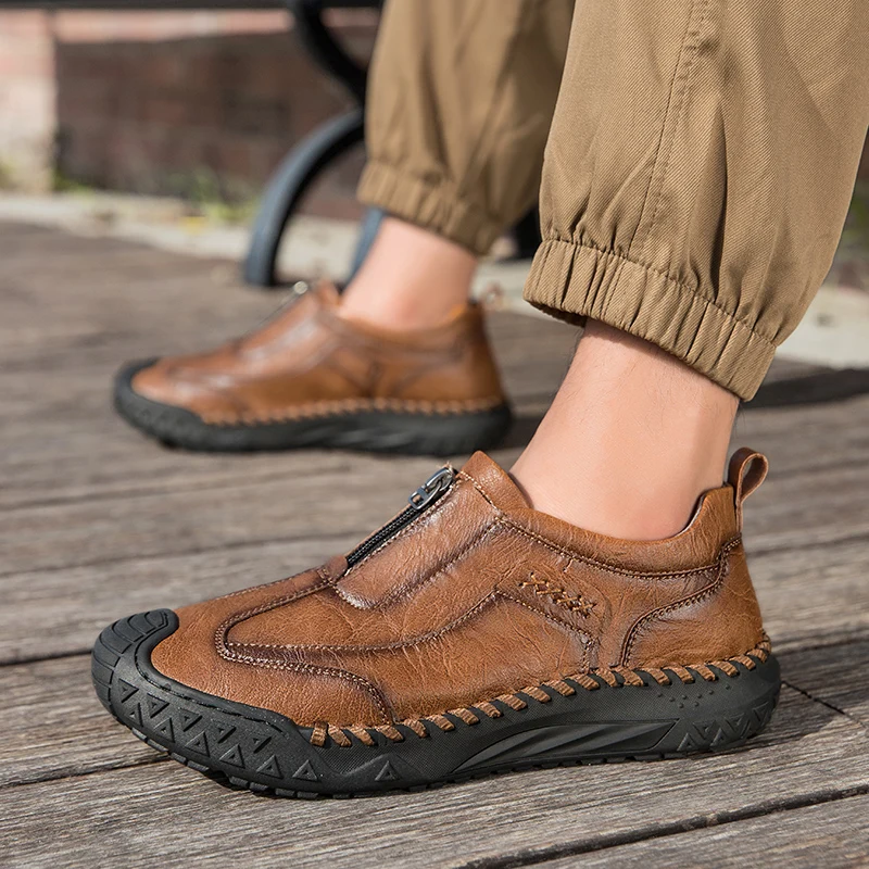 خمر نمط جودة انقسام أحذية من الجلد الرجال حذاء كاجوال اليدوية المتسكعون مريحة رجالي حذاء للسير مسافات طويلة الانزلاق على الأخفاف المسطحة #2