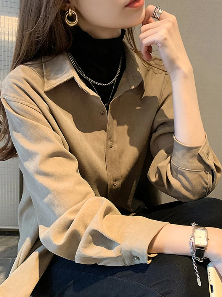 

Women's Corduroy Shirt Long Sleeve Thickened Flocking Spring Autumn Winter White Inner Shirt Coat Collar Button Detail