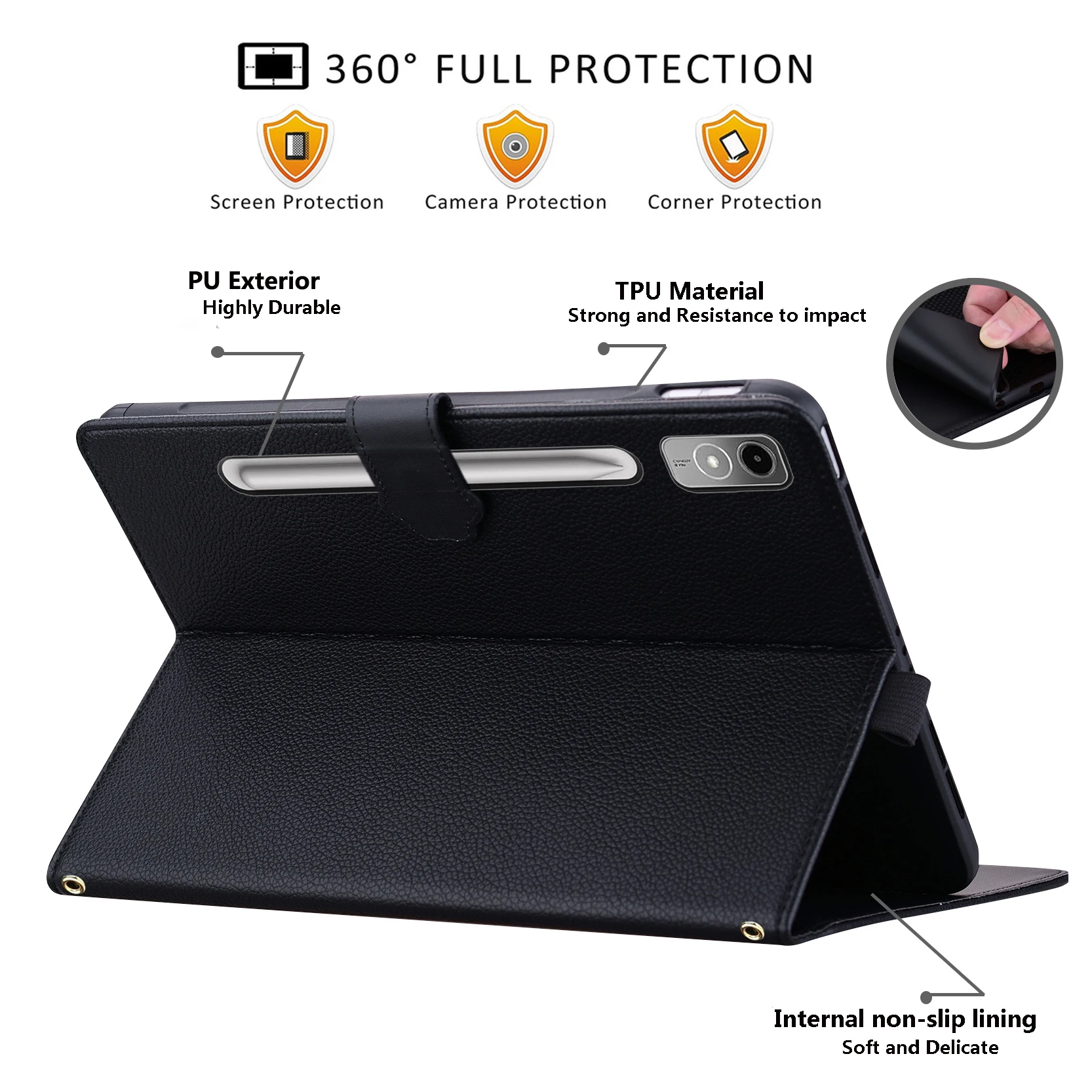For Lenovo Tab P12 Case 3D Effect Cat Pattern Leather Stand Tablet Cover with Wallet, Stylus Holder - Black