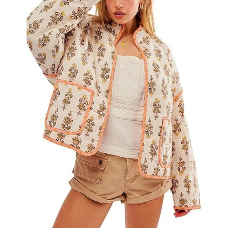 Vintage Harajuku Floral Print Cotton Coat Autumn Winter Women's Clothing Patchwork Cardigan Warm Cropped Jackets Outerwear Trend