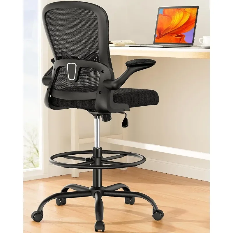 Drafting Chair, Standing Desk Chair with Flip-Up Armrests, High Desk Chair Adjustable Height, Ergonomic Tall Office Chair