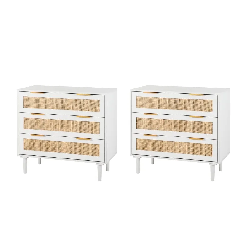 Large Rattan Nightstand Set of 2 with 3 Drawers, Modern Wooden Bedside Table for Bedroom Queen & King Bed, Customized