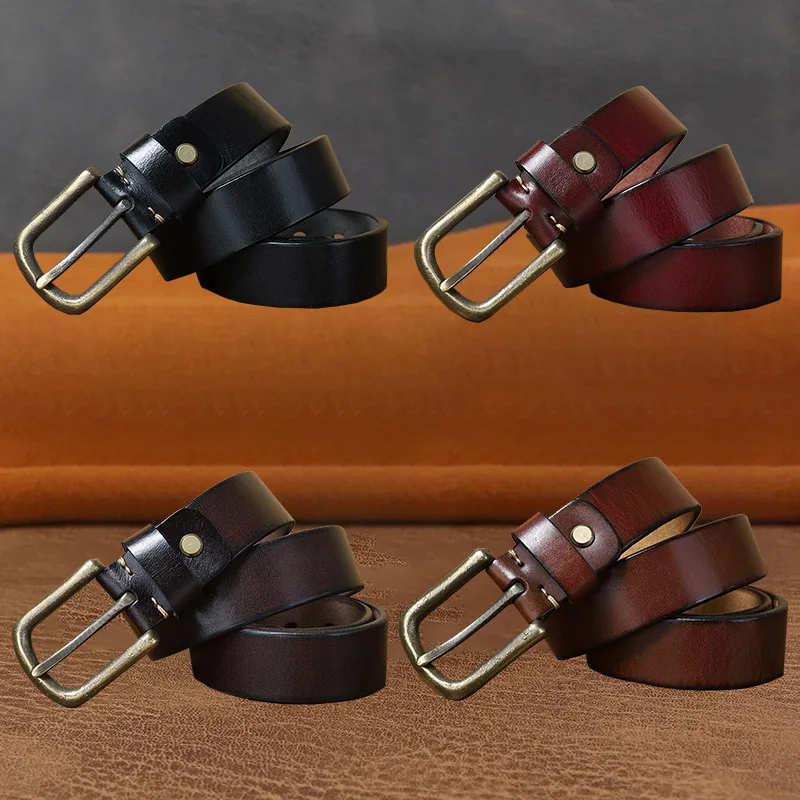 3.8cm Vintage Thickened Leather Copper Needle Buckle Men Belt Women's Travel Hunting High Quality Cowhide Comfortable Pants Belt