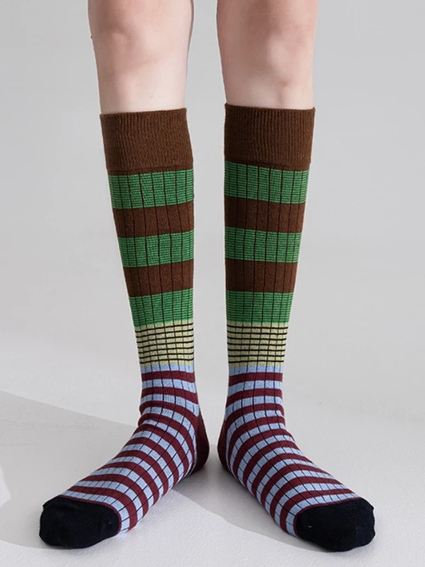 Stripe High Tube Socks Women's Retro Dopaamine Micro Pressure Leg Shaping Trendy Cumbersome Toe Warmers Autumn Winter