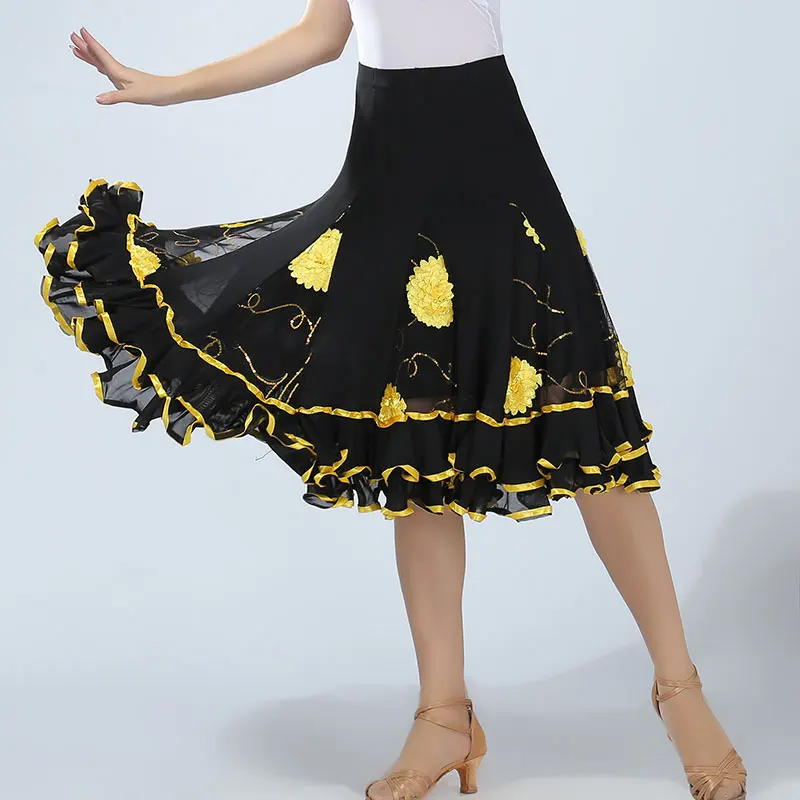 Women Modern Skirt Ballroom Dance Skirt Flower Flamenco Skirts Square Sequin Belly Dancing Wear Women Waltz Dancing Costumes