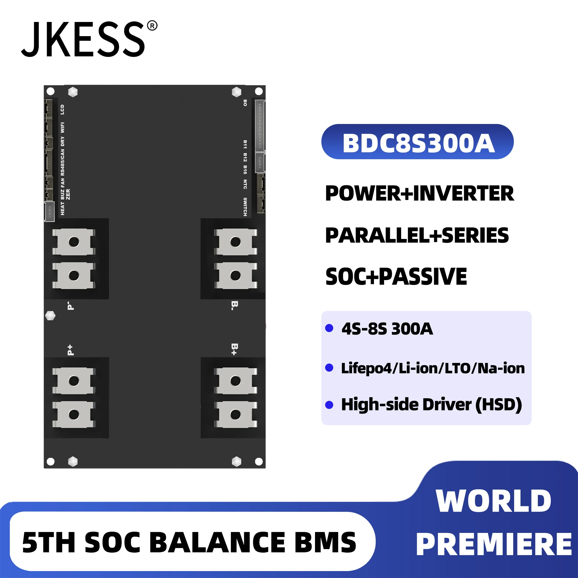 

JKESS 5TH Soc Balance BMS Lifepo4 LTO Lion 4S 5S 6S 8S 300A 12V 24V Power Inverter BMS Parallel Series RS485 HEAT CAN Home Solar