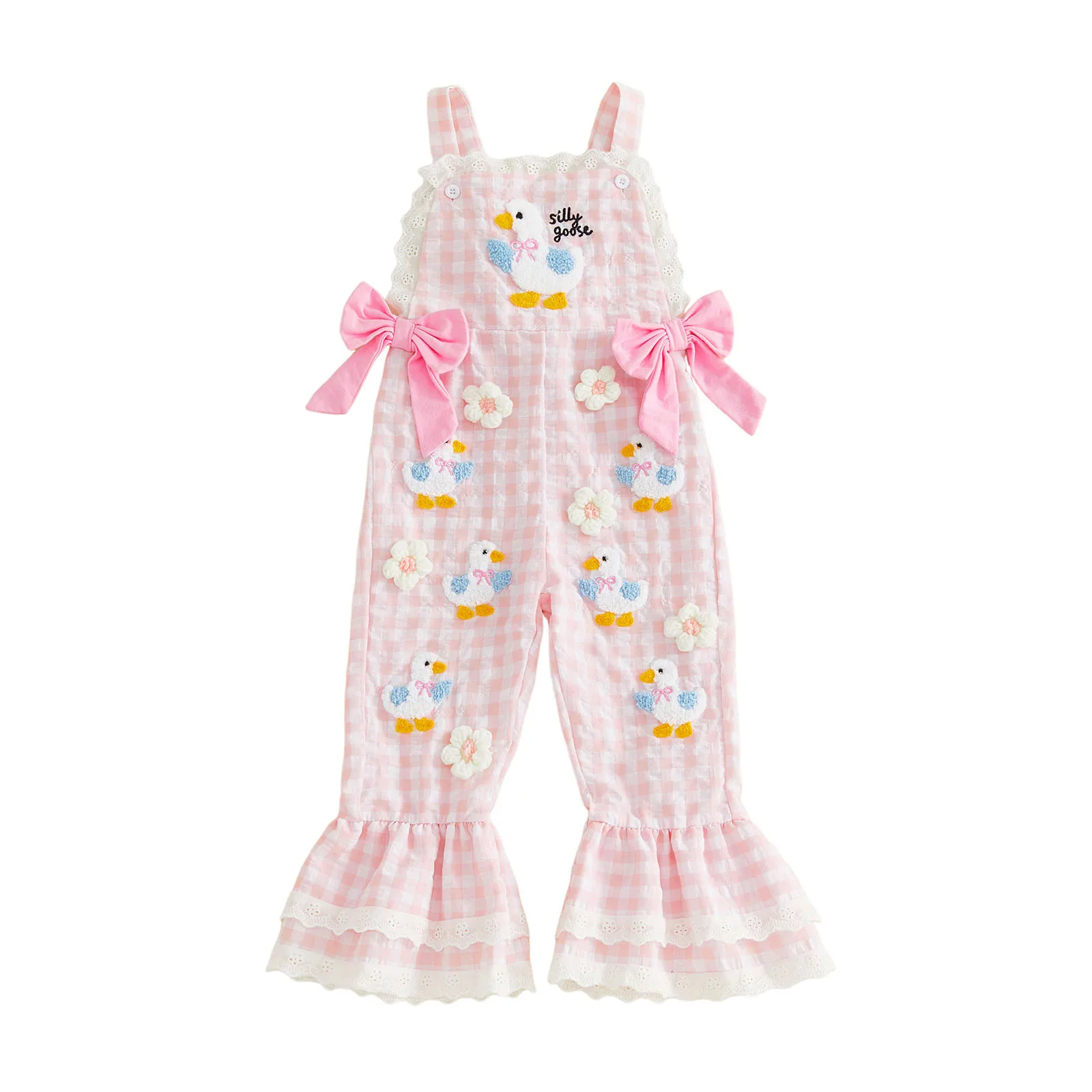 2026 Summer Toddler Kids Girls Overalls Fashion Plaid Embroidery Duck Flowers Flare Pants Clothes for Casual Daily Kids Overalls