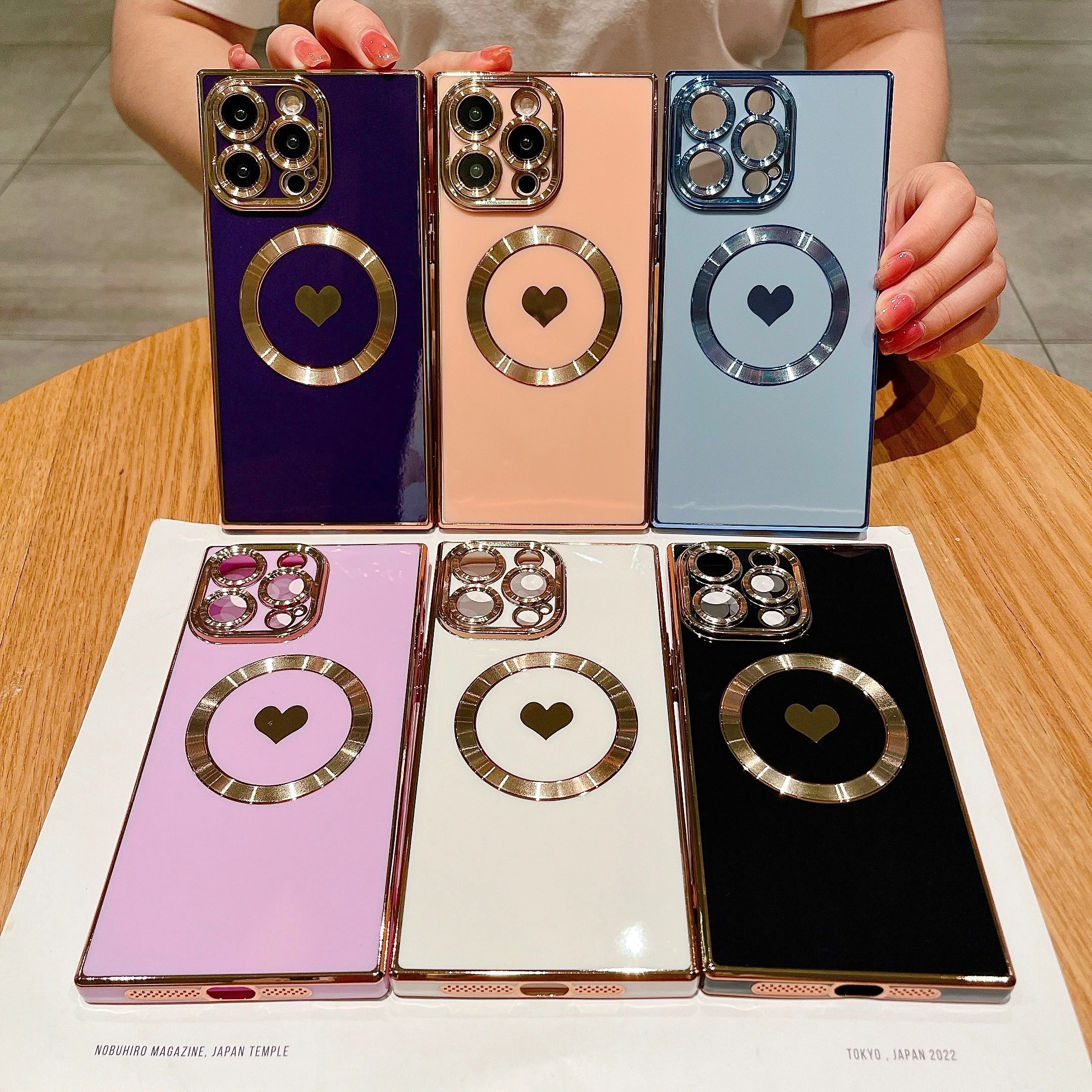 Plating Heart Side Printing Square Soft TPU Case for iPhone 11 12 13 14 15 Pro Max Magnetic Wireless Charging Magsafe Cover