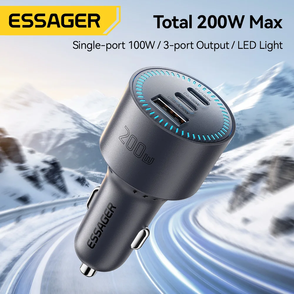 Essager 200W Car Charger USB Type C QC 4.0 3.0 PD 100W Fast Charging USB C Car Phone Charger for iPhone 17 16 Macbook Pro Huawei