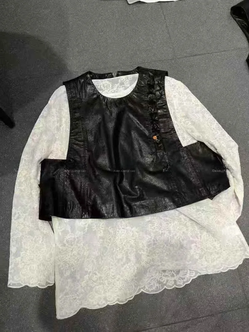 

Новая женская кожаная жилетка из овчины 2025 года, приталенная, короткая, модная верхняя одежда для повседневной носки, осенняя коллекция