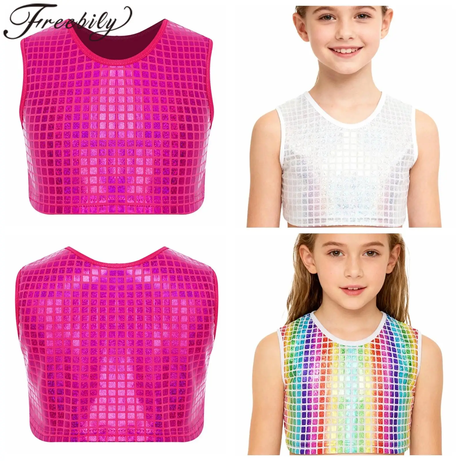 

Girls Boys Metallic Street Jazz Dance Costume Tank Top Children Hip Hop Clothes Festival Disco Outfit Stage Performance Crop Top