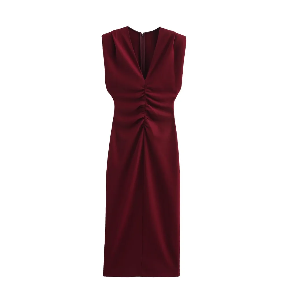 

2025 BM&MD&ZA Women's Dress: Sophisticated Sleeveless Midi Dress in Rich Maroon with Ruched Detailing