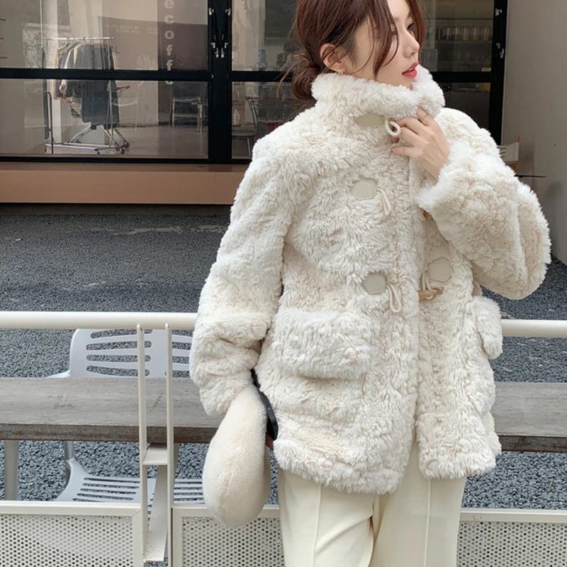 Beige Horn Buttons Faux Fur Coat Women 2024 Winter Long Sleeve Lamb Wool Jacket Woman Korean Fashion Thicken Warm Outwear Female